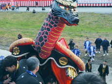 八代妙見祭：観客席に乱入する亀蛇